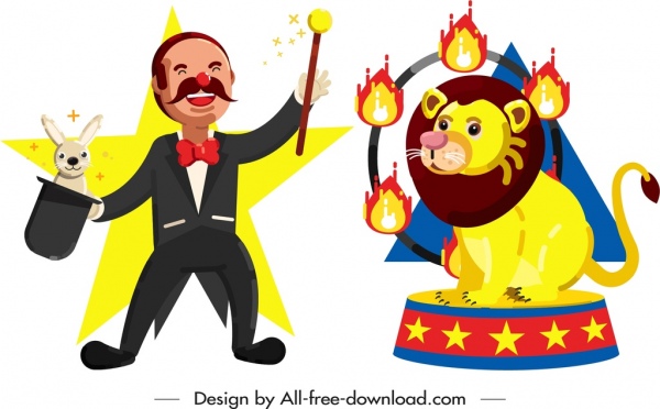 circus symbols icons performing magician lion characters