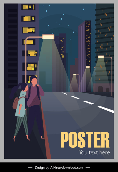 city scene poster night street sketch cartoon design