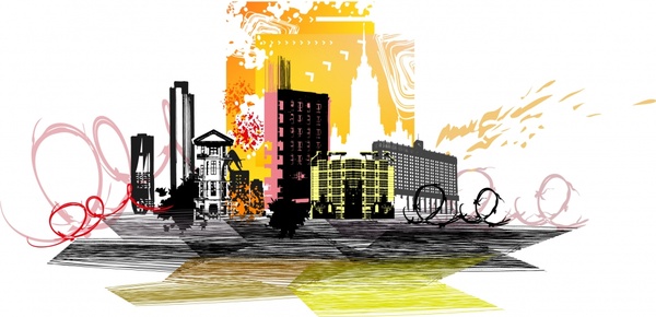 city scene background dark colorful dynamic grunge sketch
