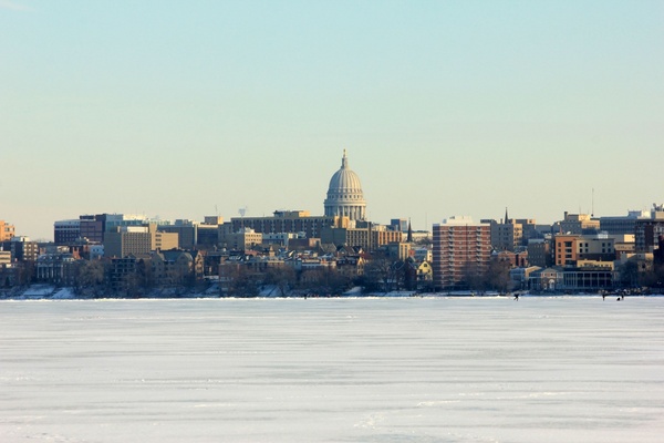 city skyline in the winter in madison wisconsin