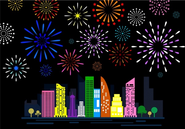 citys fireworks background design colorful flat decoration 