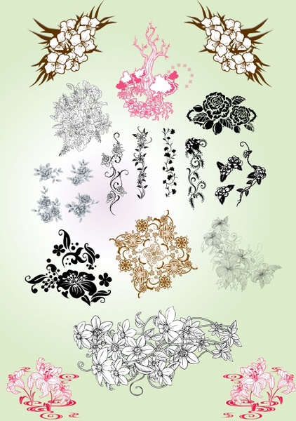 flowers design elements oriental classical ink sketch