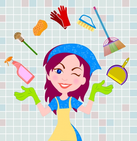 cleaning service design element woman icon tools decoration