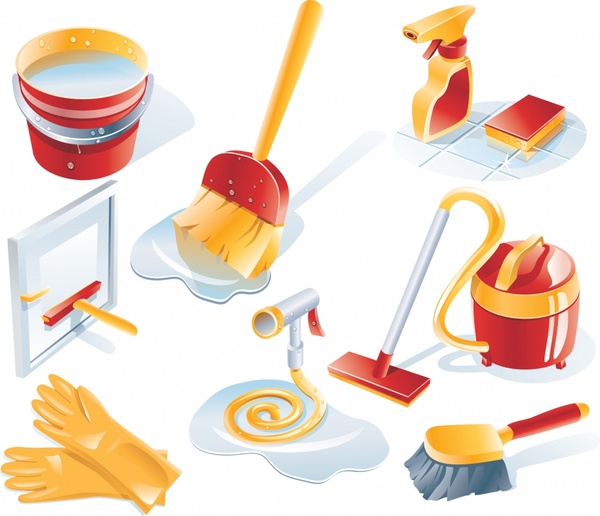 cleaning tools icons colored 3d design