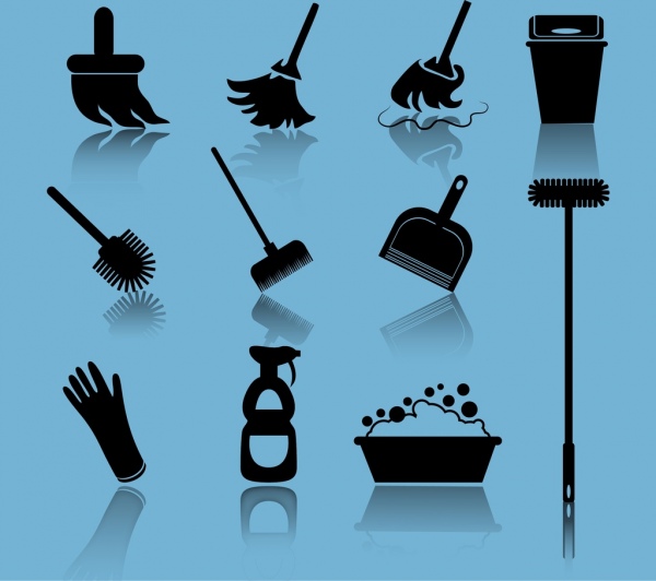 cleaning tools icons collection 3d black silhouettes design