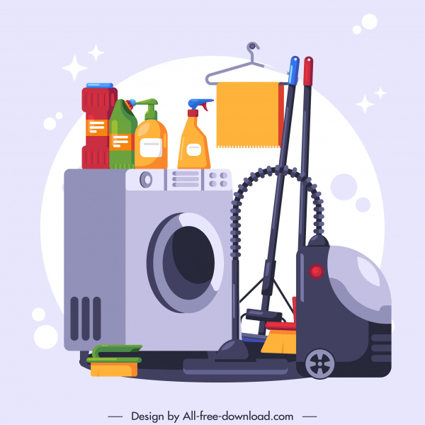 cleaning work banner washing tools sketch colorful flat