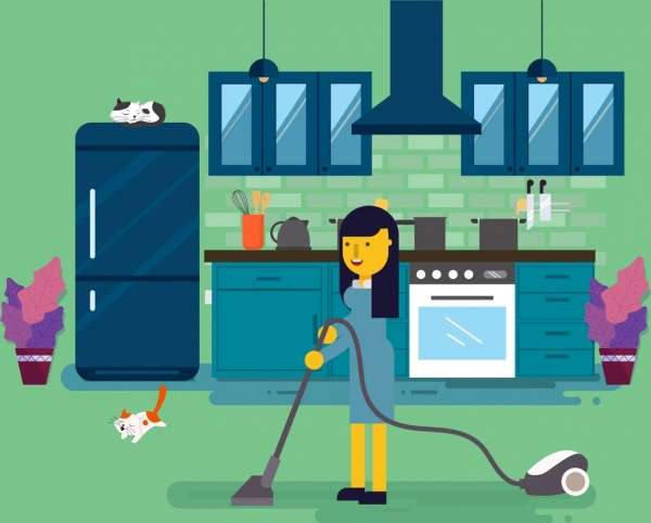 cleaning work drawing woman vacuum cleaner icons