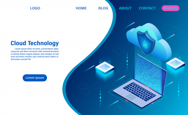 cloud computing technology concept digital service or app with data transfering data processing protecting data security concept isometric flat design 