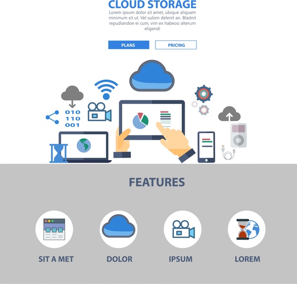 cloud storage website design illustration with computing symbols