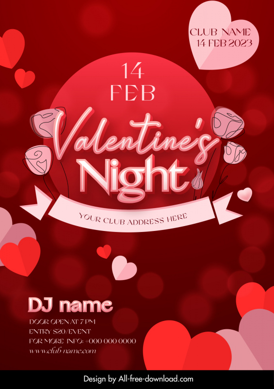 club valentine day flyer template dynamic hearts bokeh light
