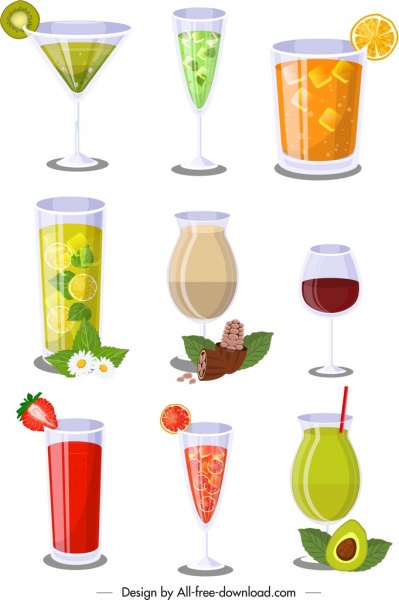 cocktails glass icons collection colorful modern design