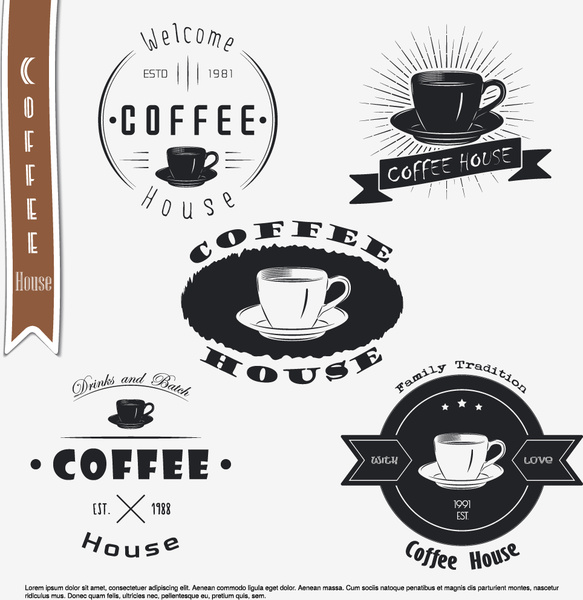 coffee black logos with labels vector set