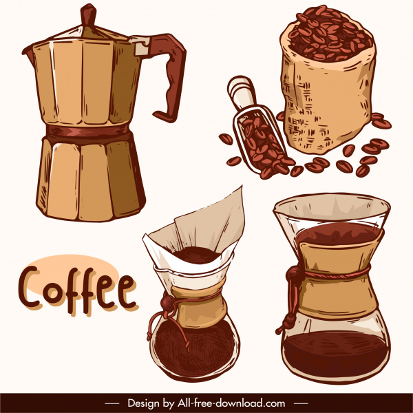 coffee design elements retro handdrawn sketch