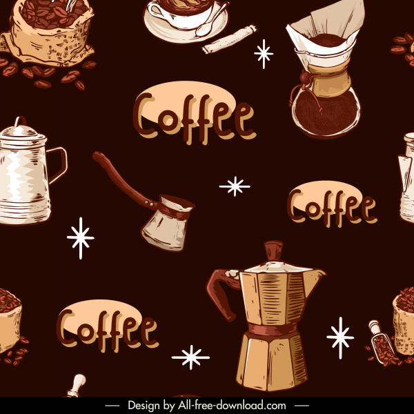 coffee elements pattern dark retro design objects sketch