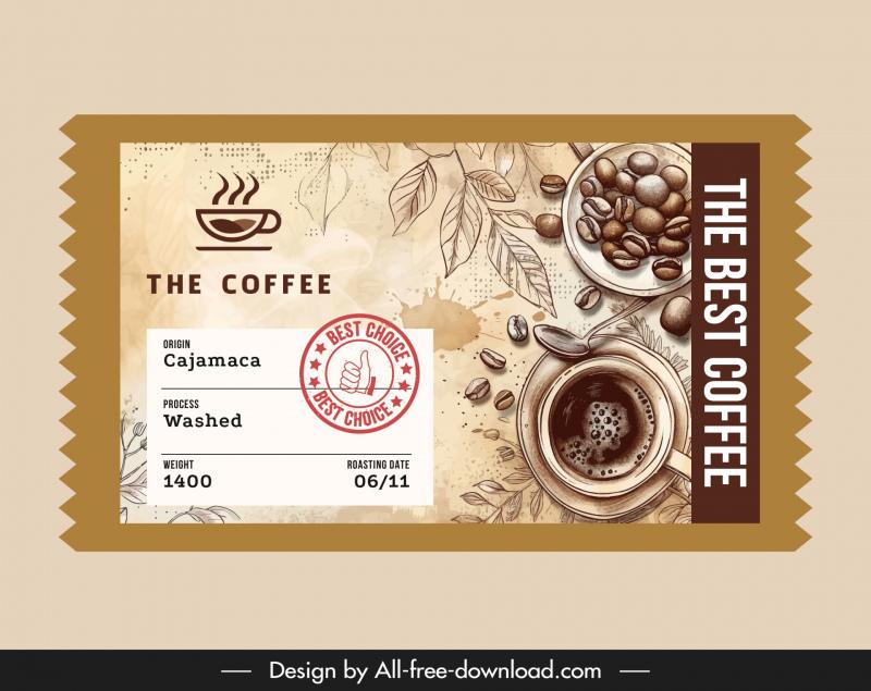 coffee label template elegant handdrawn classic beans leaves 