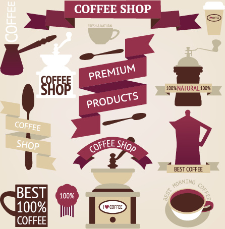 coffee menu labels and ribbon banner vector