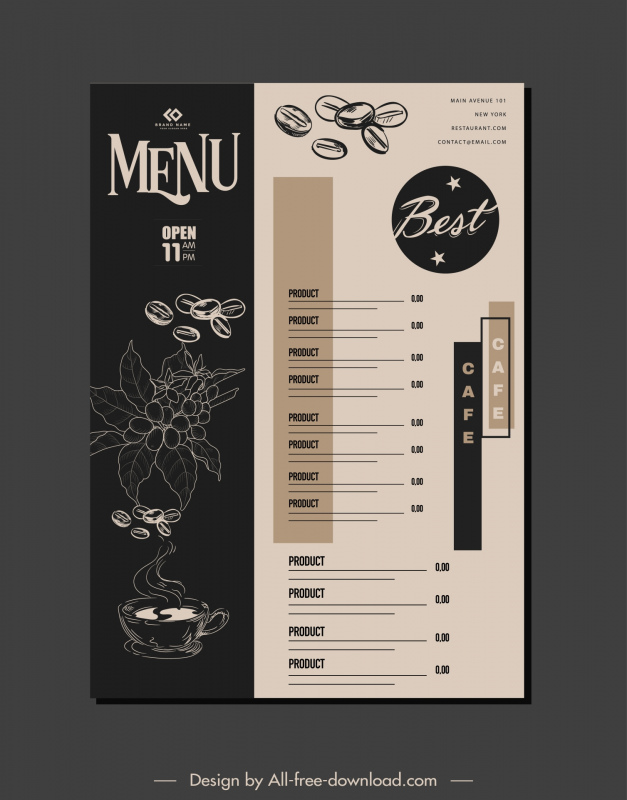 coffee shop menu template dark retro handdrawn