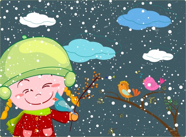 cold winter drawing joyful kid colored cartoon