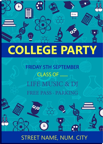 college party poster symbols collection on blue background