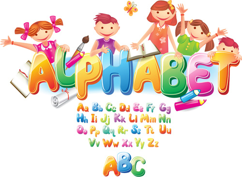 colored alphabet with children literacy vector
