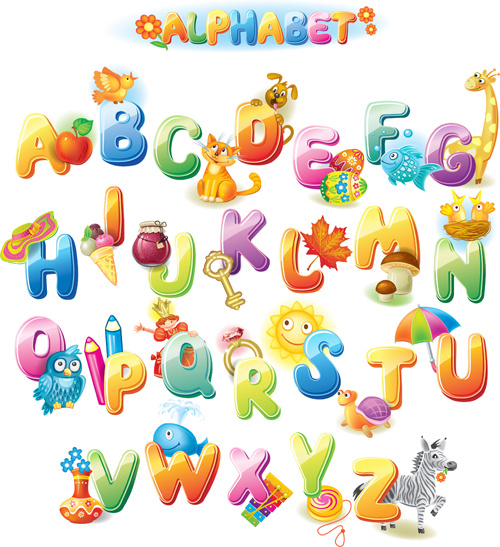 colored alphabet with children literacy vector