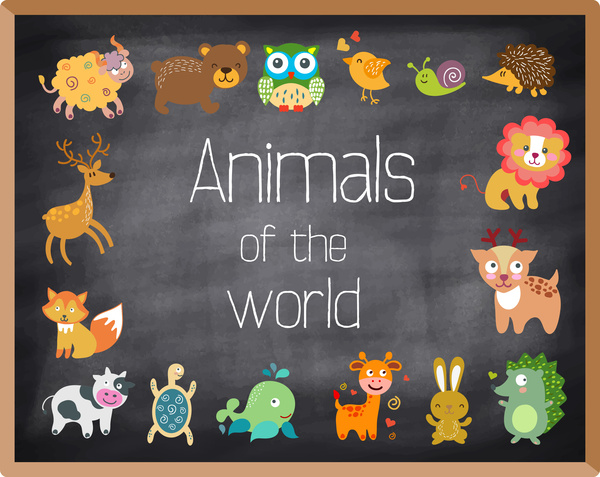 colored animals icons illustration on chalkboard
