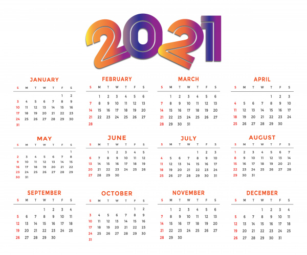 colored calendar for new year 2021