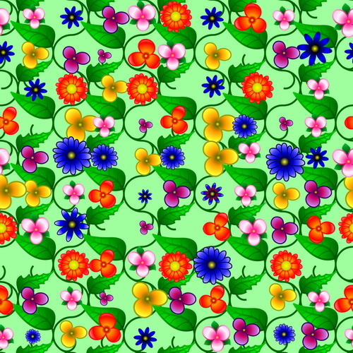 colored flower with green leaf vector seamless pattern