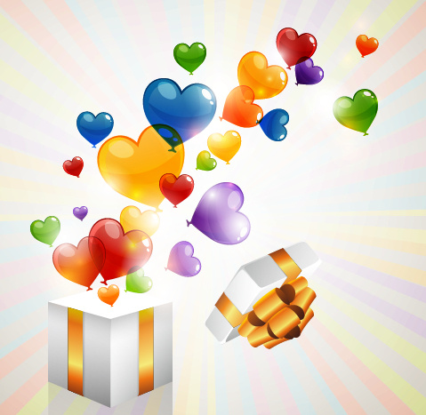 colored heart shaped balloon with gift box vector
