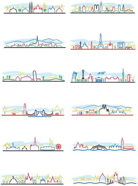 colored outline world famous buildings vector banner