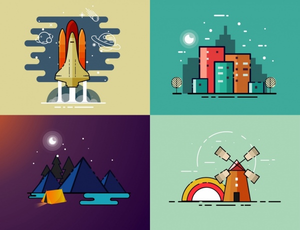 colored paintings collection spaceship buildings mountains windmill outline