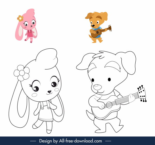 coloring book elements cute stylized bunny puppy sketch