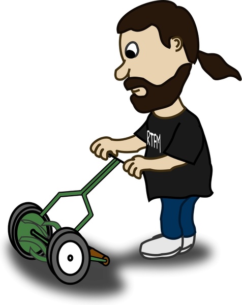 Comic characters: Guy pushing reel mower