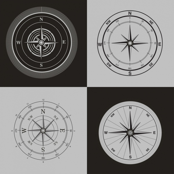compass icons sets black white retro design