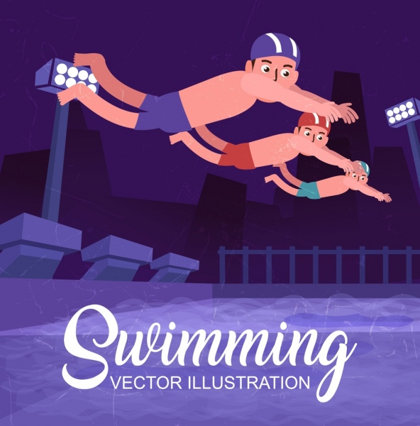 competitive sport background swimmer icons colored cartoon