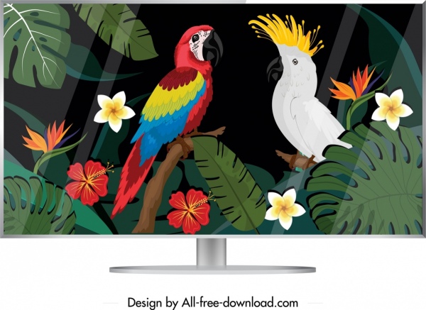 computer screen icon colorful tropical parrots decor