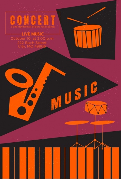 concert banner musical instruments icons retro design