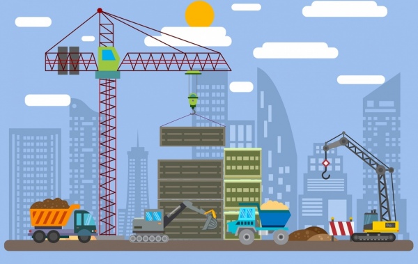 construction site drawing crane vehicles building icons