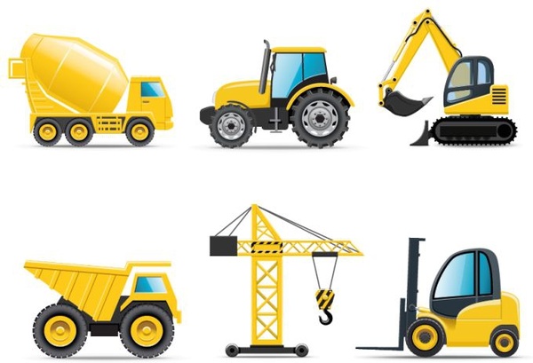 construction vehicles icons yellow equipment objects modern design 