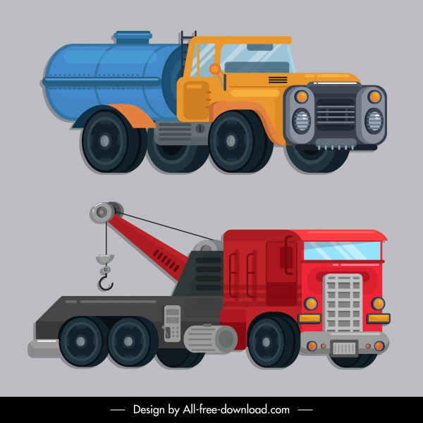 construction vehicles icons tanker mobile crane sketch