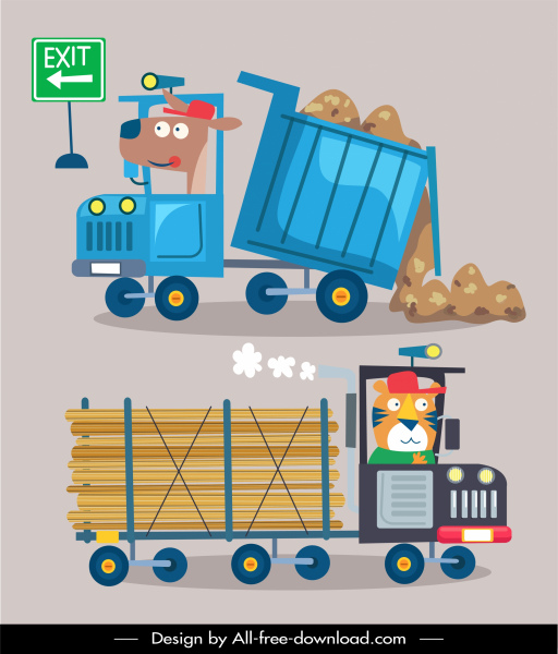 construction vehicles icons truck trailer sketch cartoon design