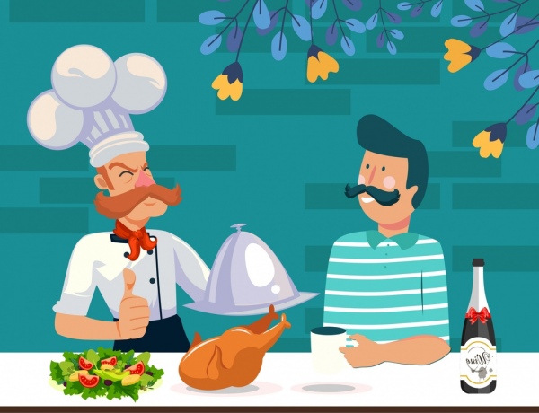 cooking background chef customer food icons cartoon characters