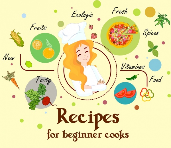 cooking recipes banner female cook food icons decor 