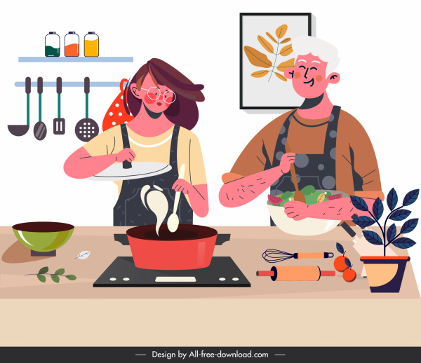 cooking work painting colored cartoon sketch