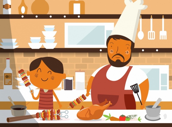 cooking work painting father son kitchenware food icons