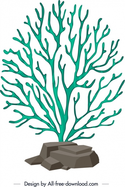 coral background green tree stone icons 3d design