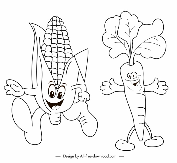 corn carrot icons funny cartoon character handdrawn sketch
