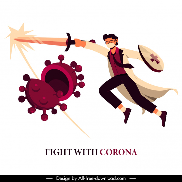 corona virus banner fighting doctor bacteria cartoon sketch