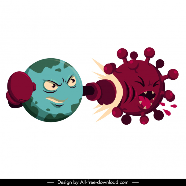 corona virus icons fighting sketch funny stylized cartoon