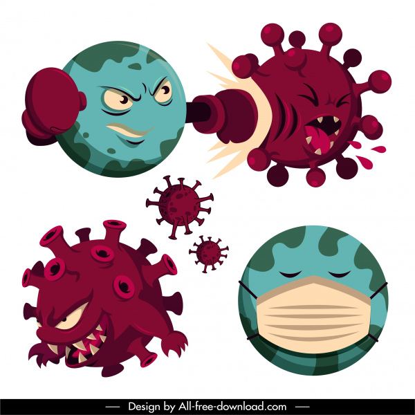 Corona Virus Icons Funny Stylized Cartoon Sketch Free Vector In